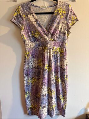 Boden Floral Faux Wrap Dress Purple Cotton Stretch Empire Waist UK 12 US 8